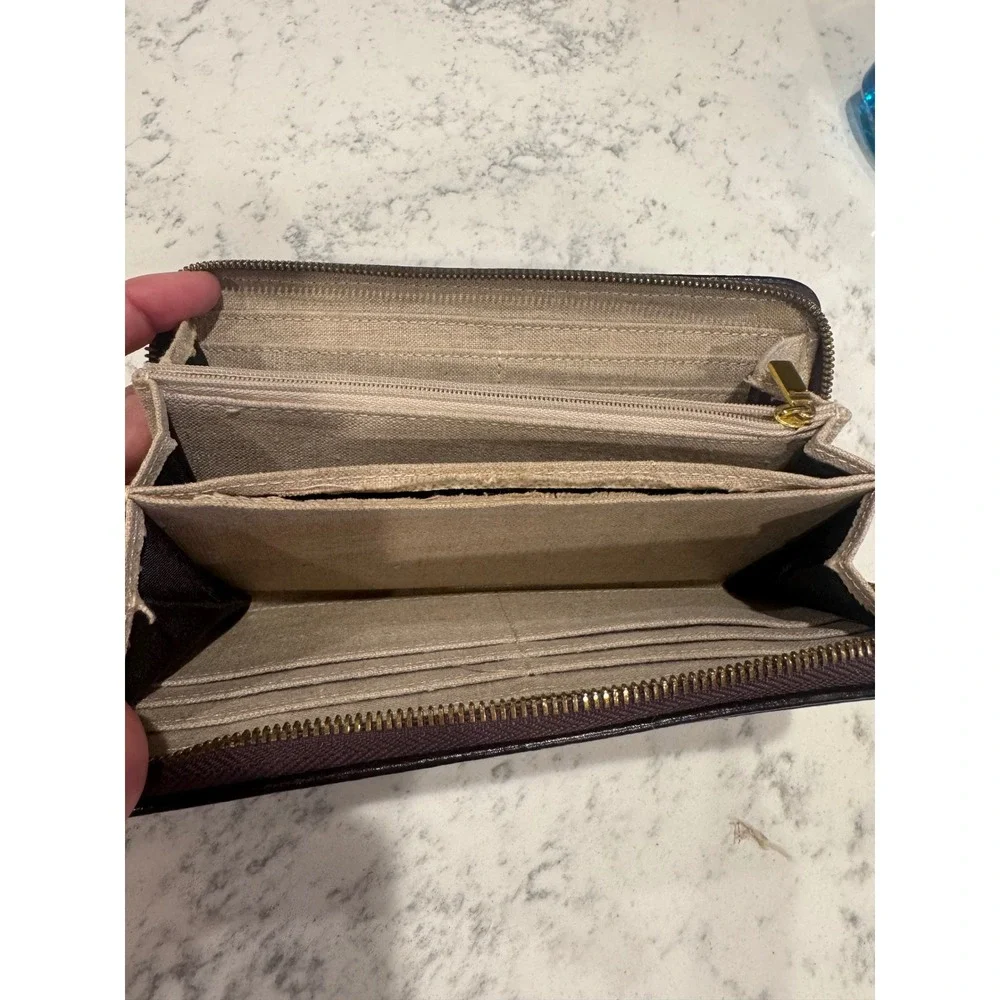 St. John Dark Brown SJ Monogram Embossed Leather Zip Around Wallet Gold Hardware